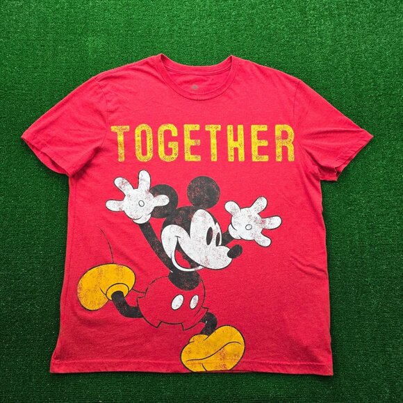 Disney Tshirt‎ Mens XL Red Short Sleeve Mickey Mouse Together Graphic Tee Casual - Picture 1 of 8